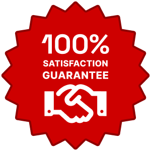 A badge graphic reading "100% Satisfaction Guarantee" with an illustration of hands shaking